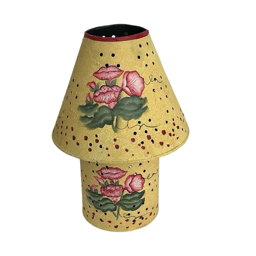 Vintage Hand Painted Galvanized Metal Jar Candle Lamp Yellow Floral 2000 - Picture 3 of 16